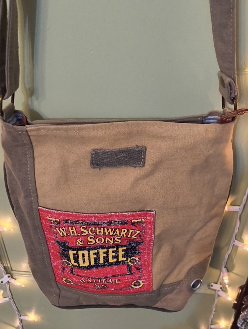 Women's W.H. Schwartz & Sons Coffee Tan Red Canvas Crossbody Bag Purse - Picture 3 of 16